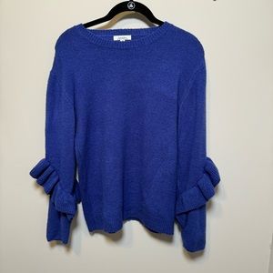 Nicole Miller Studio sapphire blue crew neck sweater, ruffle detail, Size S